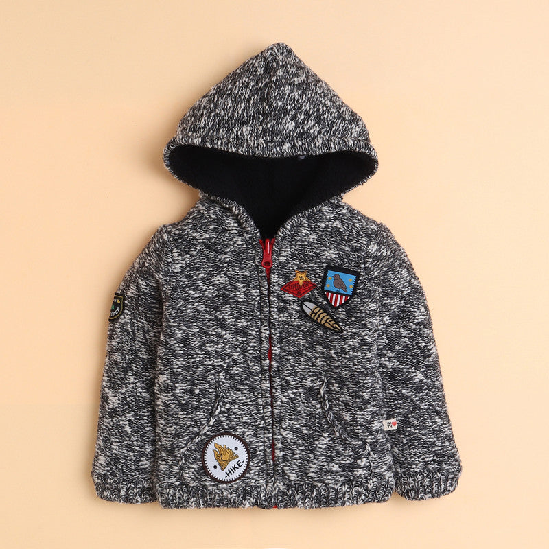 Boys Knitted Hooded Winter Jacket | Soft Zip-Up Sweater with Stylish Badge Work