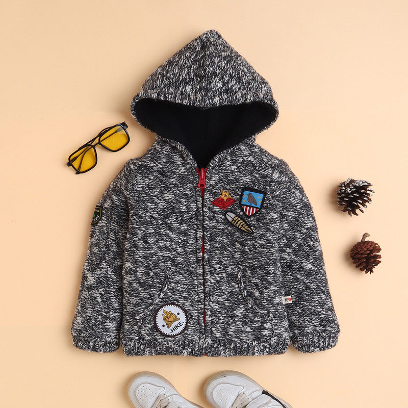 Boys Knitted Hooded Winter Jacket | Soft Zip-Up Sweater with Stylish Badge Work