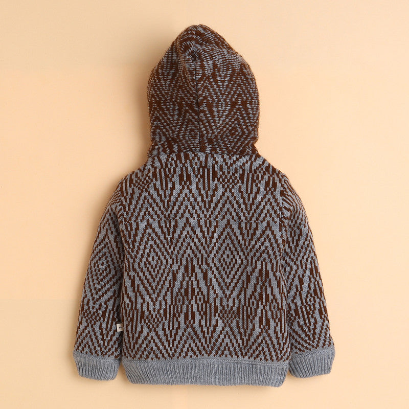 Boys Hooded Knit Winter Jacket | Soft Warm Fleece-Lined Button-Up Cardigan with Hood | Full Sleeve Cozy Kids Winter Sweater