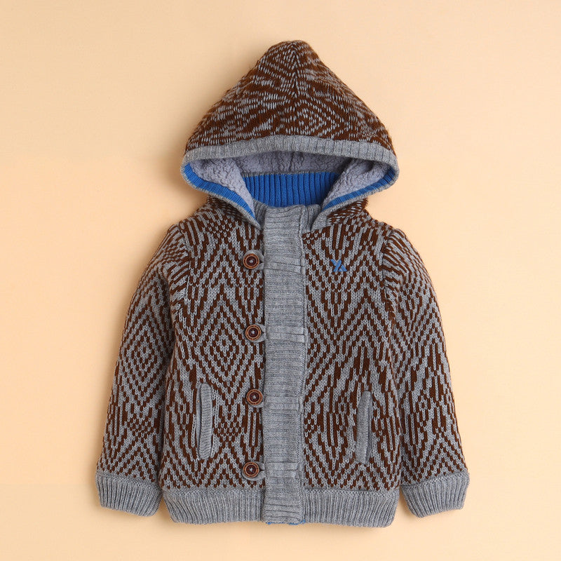 Boys Hooded Knit Winter Jacket | Soft Warm Fleece-Lined Button-Up Cardigan with Hood | Full Sleeve Cozy Kids Winter Sweater