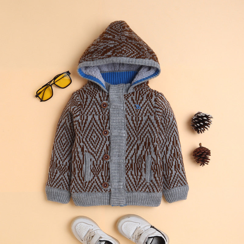 Boys Hooded Knit Winter Jacket | Soft Warm Fleece-Lined Button-Up Cardigan with Hood | Full Sleeve Cozy Kids Winter Sweater