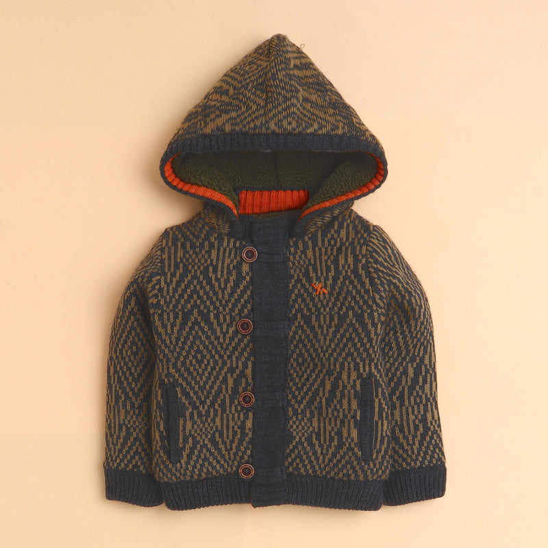 Boys Hooded Knit Winter Jacket | Soft Warm Fleece-Lined Button-Up Cardigan with Hood | Full Sleeve Cozy Kids Winter Sweater