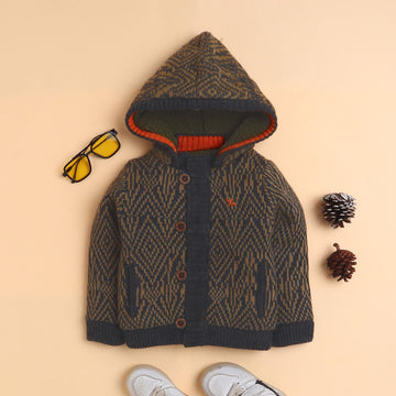 Boys Hooded Knit Winter Jacket | Soft Warm Fleece-Lined Button-Up Cardigan with Hood | Full Sleeve Cozy Kids Winter Sweater