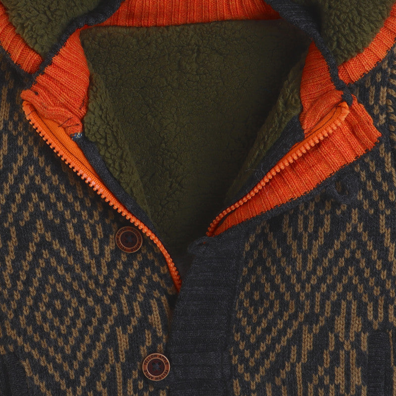 Boys Hooded Knit Winter Jacket | Soft Warm Fleece-Lined Button-Up Cardigan with Hood | Full Sleeve Cozy Kids Winter Sweater