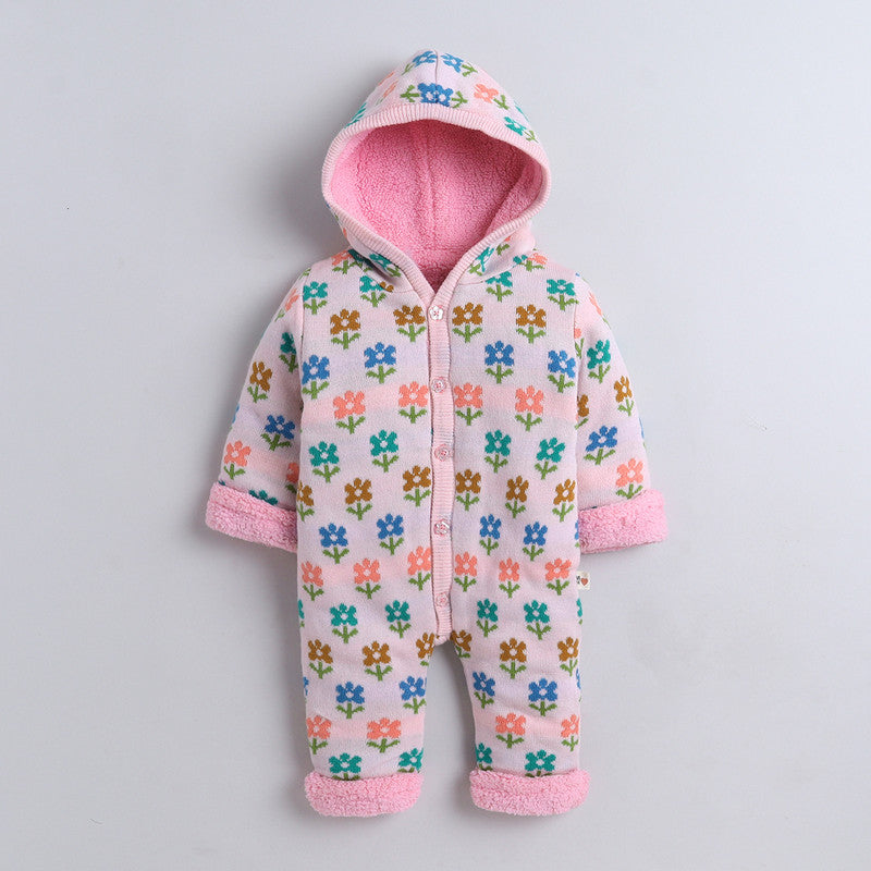 Baby Floral Hooded Fleece Romper | Soft Button-Up One-Piece for Infants & Toddlers