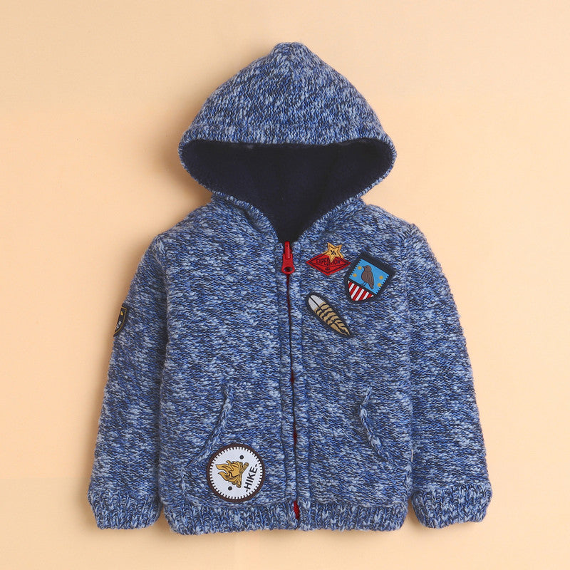 Boys Knitted Hooded Winter Jacket | Soft Zip-Up Sweater with Stylish Badge Work