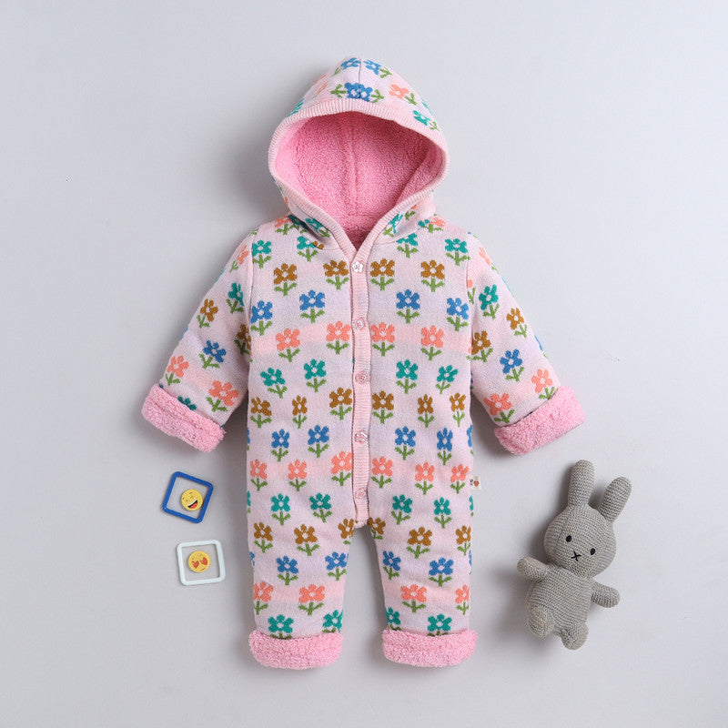 Baby Floral Hooded Fleece Romper | Soft Button-Up One-Piece for Infants & Toddlers