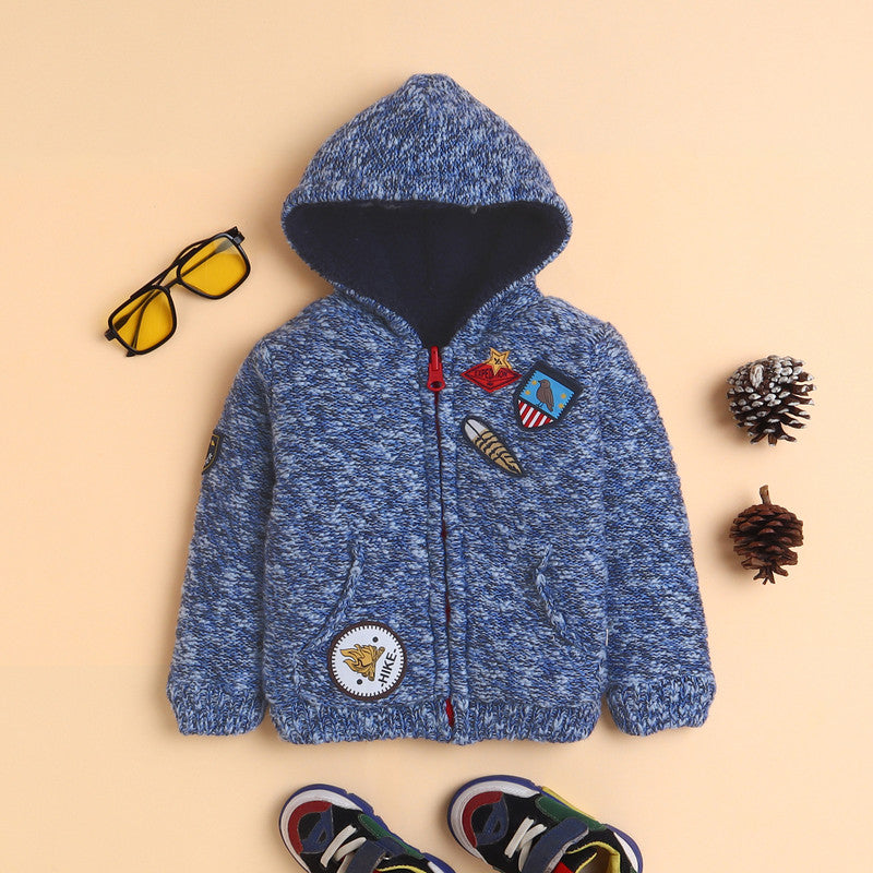 Boys Knitted Hooded Winter Jacket | Soft Zip-Up Sweater with Stylish Badge Work