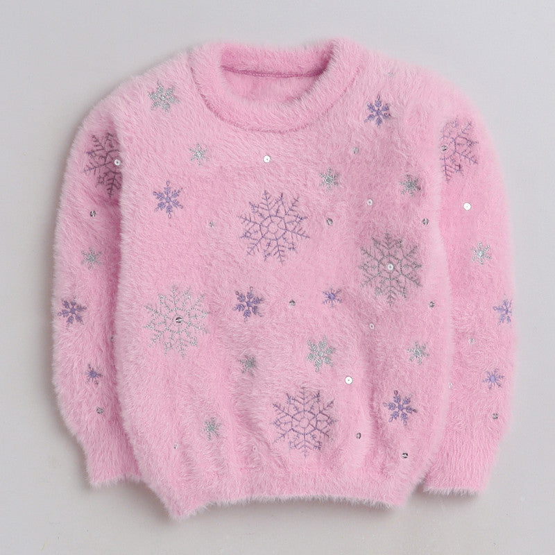 Girls Fuzzy Winter Sweater | Soft Fluffy Snowflake Knit Pullover | Warm Casual Party Wear