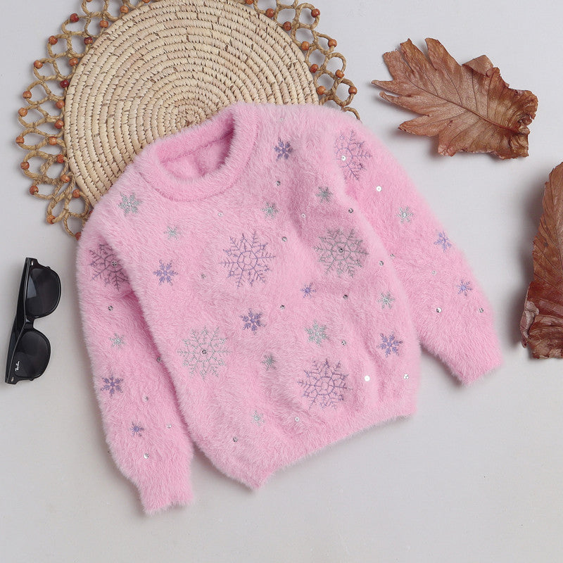 Girls Fuzzy Winter Sweater | Soft Fluffy Snowflake Knit Pullover | Warm Casual Party Wear
