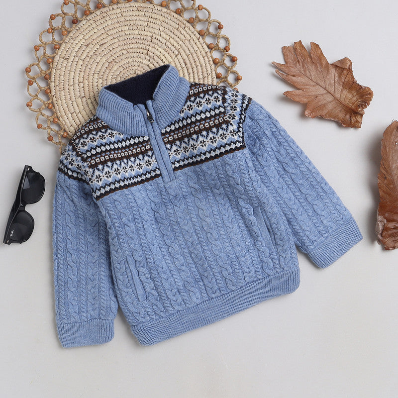 Boys Cable Knit Sweater | Soft Warm High Neck Quarter Zip Full Sleeve Winter Pullover | Cozy Kids Winter Knitwear