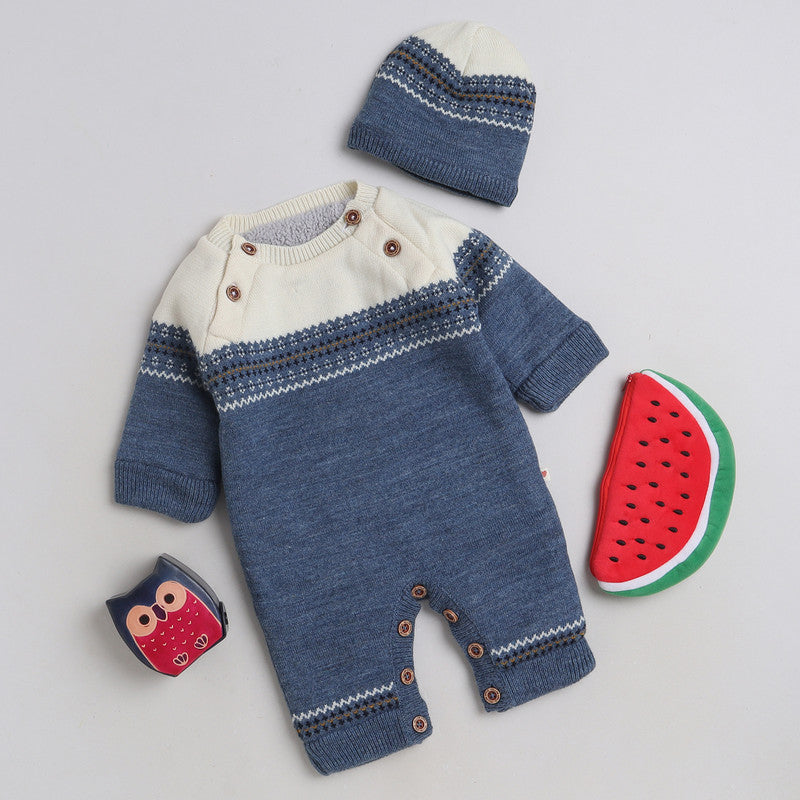 Baby Knitted Romper with Cap | Full Sleeve Winter Jumpsuit for Infants | Soft Warm One-Piece Outfit