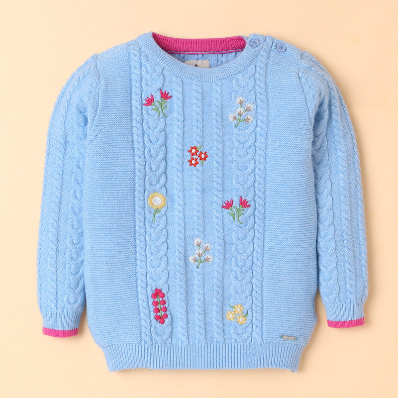 Embroidered Cable Knit Girls' Sweater with Floral Design