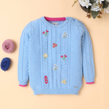 Embroidered Cable Knit Girls' Sweater with Floral Design