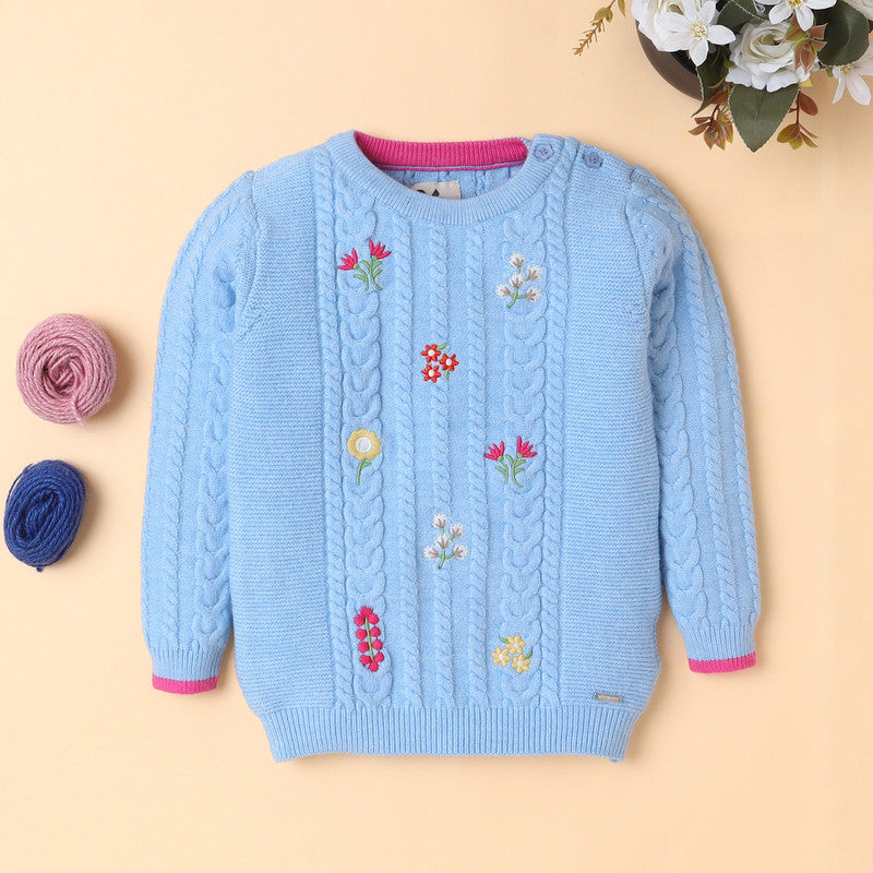 Embroidered Cable Knit Girls' Sweater with Floral Design