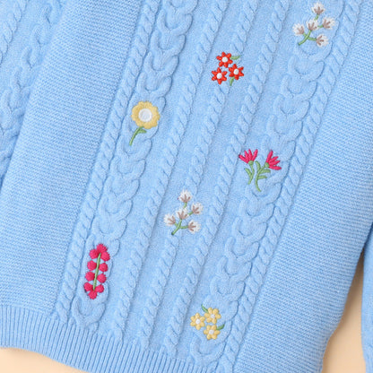 Yellow Apple-Embroidered Cable Knit Girls' Sweater with Floral Design