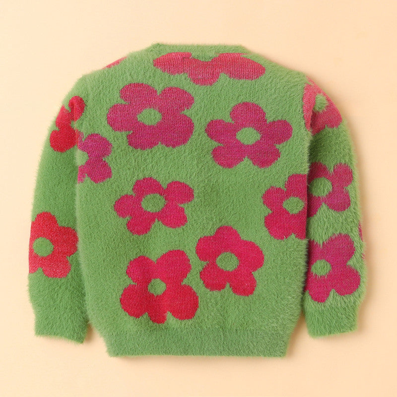 Yellow Apple-Fuzzy Floral Print Sweater for Girls – Cozy & Bold Style