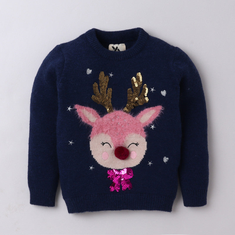 Yellow Apple Kids Reindeer Christmas Sweater with Sequin & Embroidered Design | Cozy Winter Knitwear