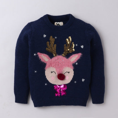Yellow Apple Kids Reindeer Christmas Sweater with Sequin & Embroidered Design | Cozy Winter Knitwear