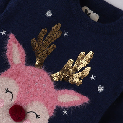 Yellow Apple Kids Reindeer Christmas Sweater with Sequin & Embroidered Design | Cozy Winter Knitwear