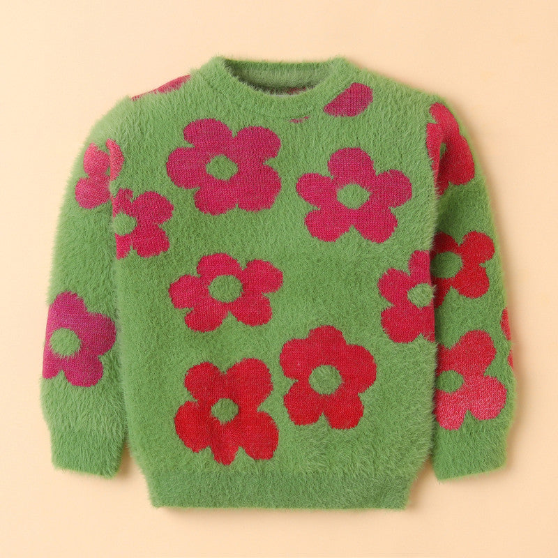 Yellow Apple-Fuzzy Floral Print Sweater for Girls – Cozy & Bold Style