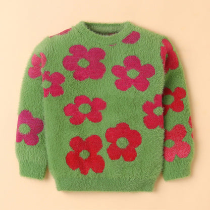 Yellow Apple-Fuzzy Floral Print Sweater for Girls – Cozy & Bold Style