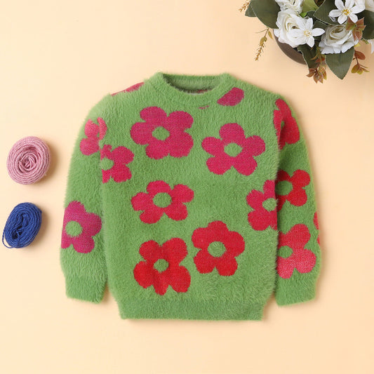 Yellow Apple-Fuzzy Floral Print Sweater for Girls – Cozy & Bold Style
