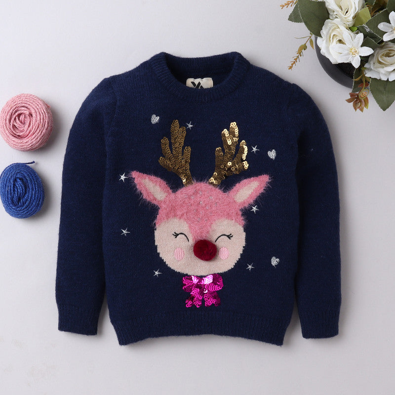 Yellow Apple Kids Reindeer Christmas Sweater with Sequin & Embroidered Design | Cozy Winter Knitwear
