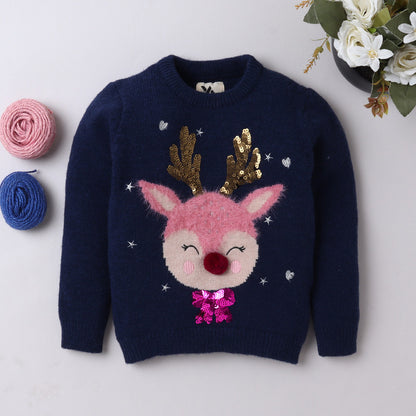 Yellow Apple Kids Reindeer Christmas Sweater with Sequin & Embroidered Design | Cozy Winter Knitwear