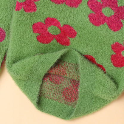 Yellow Apple-Fuzzy Floral Print Sweater for Girls – Cozy & Bold Style
