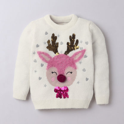 Yellow Apple Kids Reindeer Christmas Sweater with Sequin & Embroidered Design | Cozy Winter Knitwear