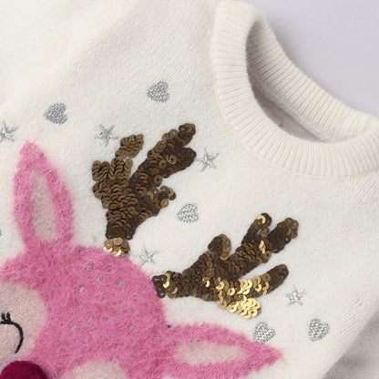 Yellow Apple Kids Reindeer Christmas Sweater with Sequin & Embroidered Design | Cozy Winter Knitwear