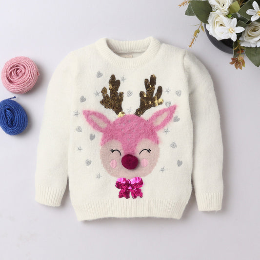 Yellow Apple Kids Reindeer Christmas Sweater with Sequin & Embroidered Design | Cozy Winter Knitwear
