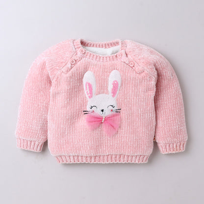 Yellow Apple-Bunny Chenille Sweater with Sequin & Tulle Bow For Girls