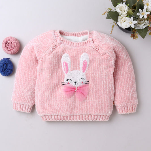 Yellow Apple-Bunny Chenille Sweater with Sequin & Tulle Bow For Girls