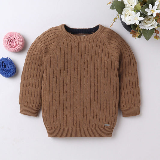 Yellow Apple Classic Brown Cable Knit Sweater for Kids | Soft & Cozy Winter Wear