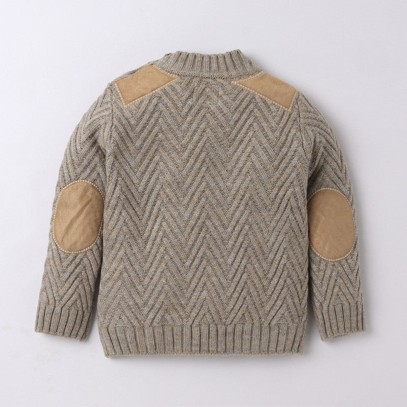 Yellow Aplle-Kids' Chevron Knit Sweater with Suede Shoulder Patches