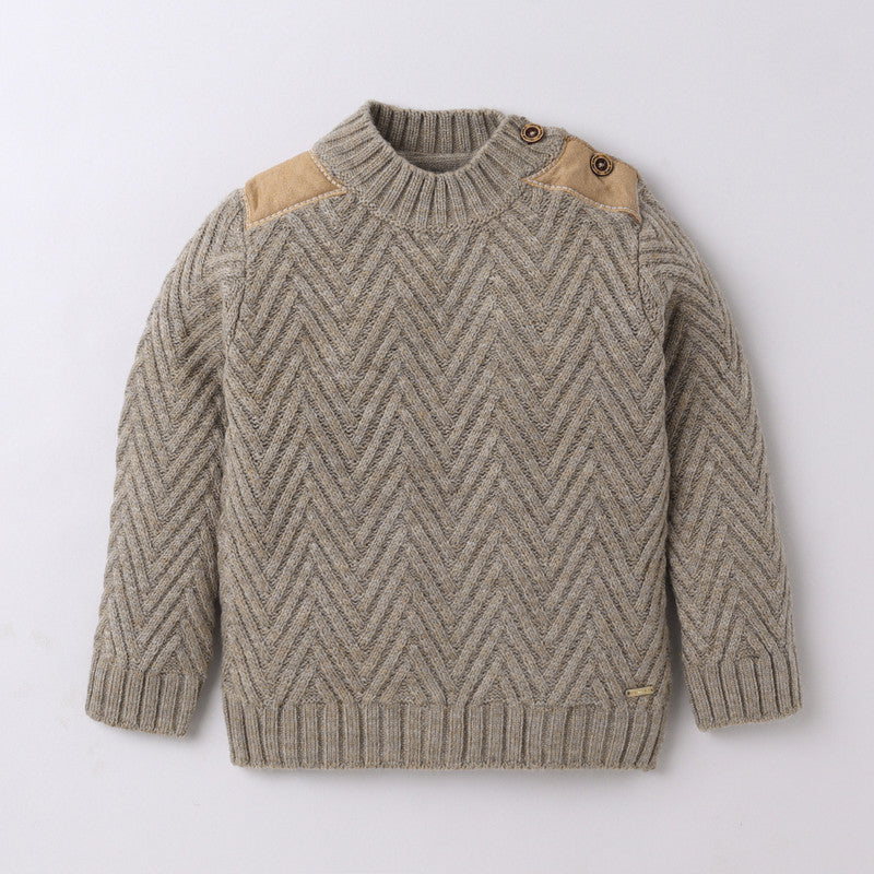 Yellow Aplle-Kids' Chevron Knit Sweater with Suede Shoulder Patches