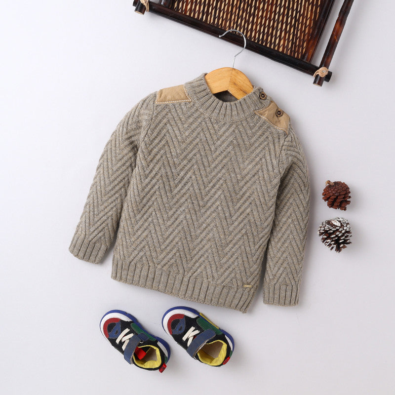 Yellow Aplle-Kids' Chevron Knit Sweater with Suede Shoulder Patches