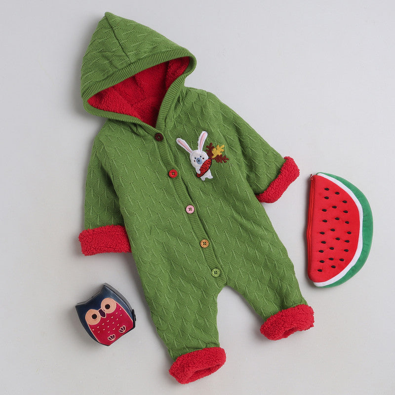 Baby Hooded Fleece Romper | Soft Warm Full Sleeve Winter Jumpsuit with Button Closure | Cozy Infant One-Piece Snowsuit
