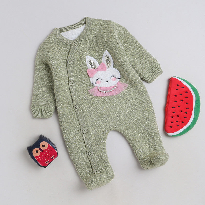 Babies Woolen Romper Cute Rabbit Print With Inner Fleece