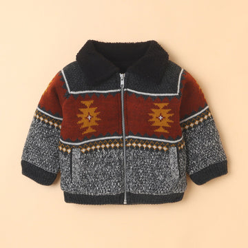 Boys Warm Fur-Collar Full-Sleeve Cardigan