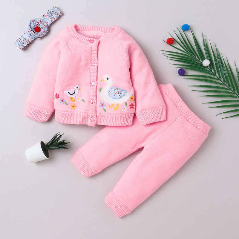 Yellow Apple- Baby Knitted Sweater & Pant Set | Soft Winter Wear with Cute Animal Embroidery