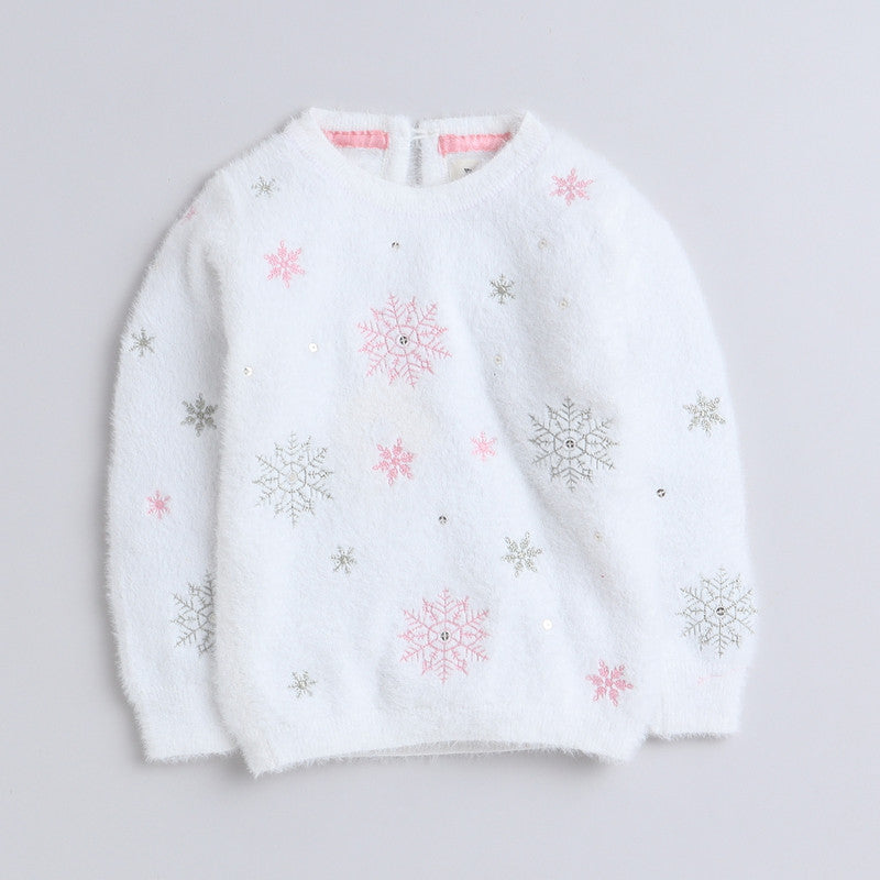 Girls Fuzzy Winter Sweater | Soft Fluffy Snowflake Knit Pullover | Warm Casual Party Wear