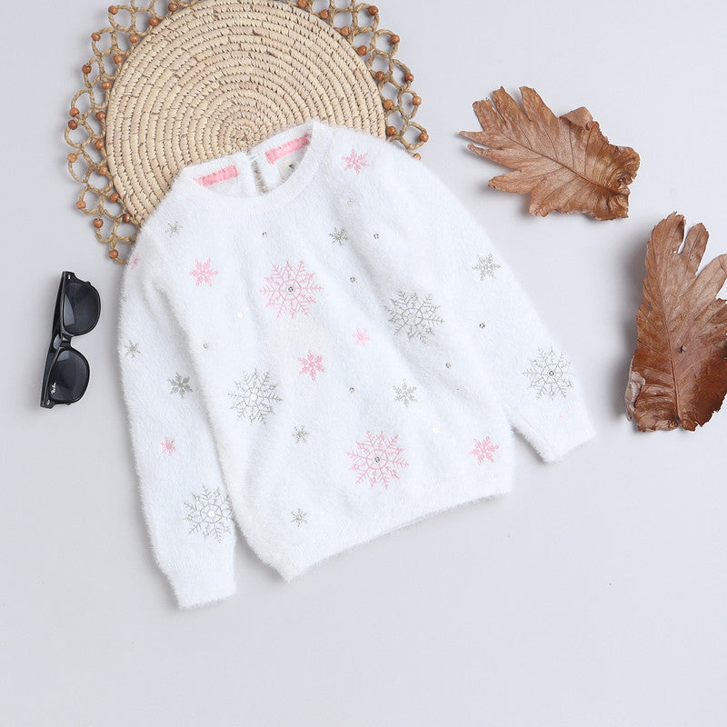Girls Fuzzy Winter Sweater | Soft Fluffy Snowflake Knit Pullover | Warm Casual Party Wear