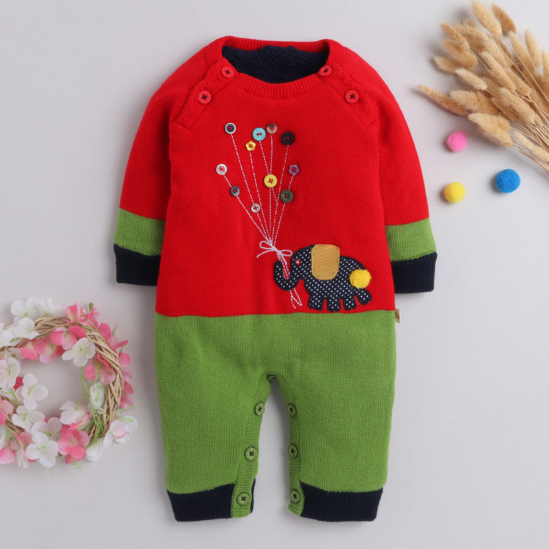 Baby Knitted Winter Romper with Elephant Applique | Soft Full Sleeve Warm Jumpsuit for Newborns & Infants