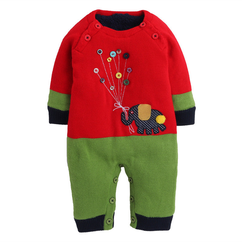 Baby Knitted Winter Romper with Elephant Applique | Soft Full Sleeve Warm Jumpsuit for Newborns & Infants