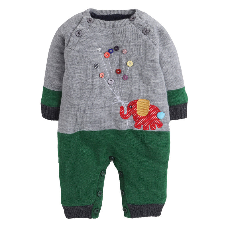 Baby Knitted Winter Romper with Elephant Applique | Soft Full Sleeve Warm Jumpsuit for Newborns & Infants