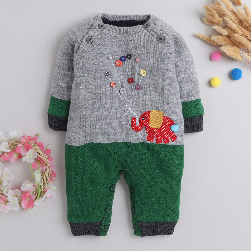 Baby Knitted Winter Romper with Elephant Applique | Soft Full Sleeve Warm Jumpsuit for Newborns & Infants