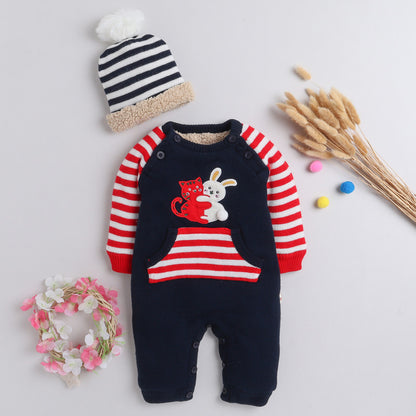 Babies Woolen Romper Bunny & catty Print With Inner Fleece